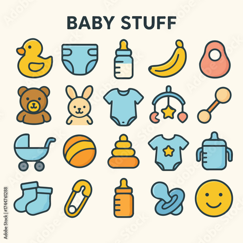 Illustrations of baby items under the heading baby stuff. Perfect for nursery decor, baby product branding, and parenting blogs.