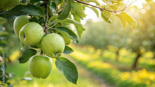 Photos Green Apple tree in garden, Green Apple hanging on tree in natural warm sunlight