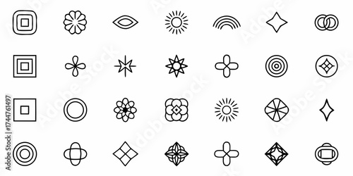 Stunning collection of modern geometric icons and shapes, perfect for minimalist designs, branding elements, and creative projects demanding clean, elegant visuals