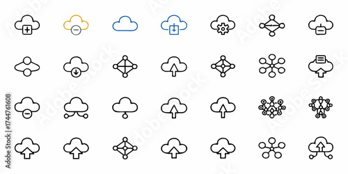 Versatile collection of cloud computing icons for modern tech interfaces conveying data storage, networking, and digital solutions in a clean, scalable design