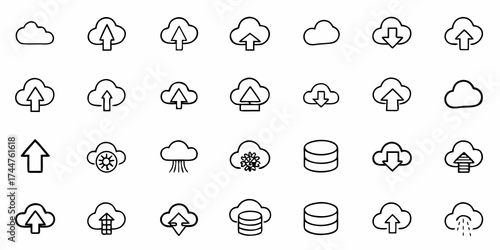 Versatile set of cloud computing icons for professional websites and apps, perfect for illustrating data storage, uploads, downloads, weather forecasts and network solutions