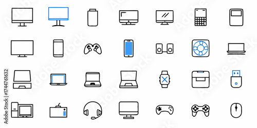 Modern Tech Icons Collection for Digital Devices, Streamlined Designs of Smartphone, Laptop, Computer, Gaming Controller, and Accessories, for Web and App UI