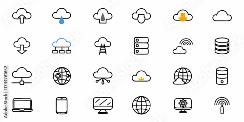 Cloud computing icons showcase modern network solutions, offering scalable data storage and seamless internet connections for global digital transformation, originally vector