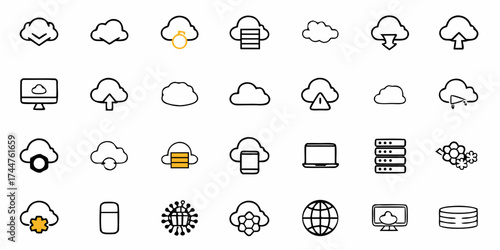 Modern cloud computing icons for data networking solutions, a simple vector set for innovative technology, server management, and global communication, scalable graphics included