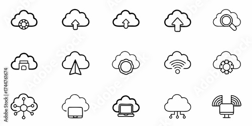 Modern cloud computing icons for digital transformation and data management, presenting network solutions and innovative technology designs, ideal for tech industry visuals
