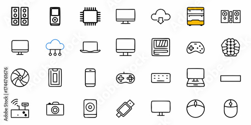 Tech Gadgets Line Art Icons for Modern Designs - Computers, Phones, Audio, Gaming, Networking, and Peripherals - A Comprehensive Collection of Essential Technology Symbols