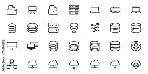 Modern technology icons representing computers servers databases cloud storage network connections and printers for digital concepts and data management solutions