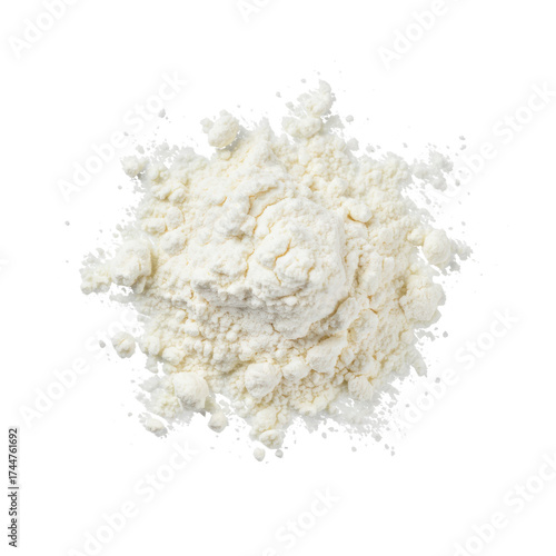 Overhead shot of white powdered ingredient like flour or starch for cooking and baking projects. isolated PNG with Transparent Background