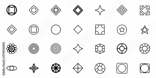 Modern minimalist icon set featuring geometric shapes circles squares diamonds stars and abstract designs perfect for web design branding and UI elements