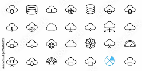 Dynamic cloud computing icons set symbolizing data storage, network, security, and digital transformation for modern business solutions and innovative technology concepts