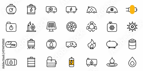 Dynamic collection of energy and fuel icons representing power sources vehicles and storage solutions for modern industrial and environmental concepts
