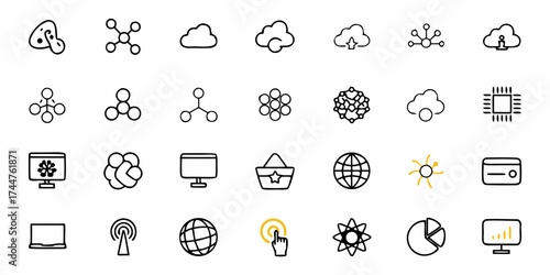 Captivating collection of modern icons representing technology, data, cloud computing, and business concepts, perfect for digital projects and presentations.