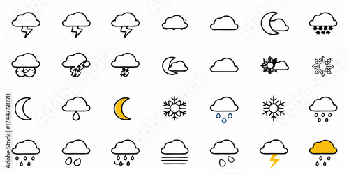 Dynamic collection of weather forecast icons including sun, clouds, rain, snow, lightning, and moon phases for clear visual communication and app design