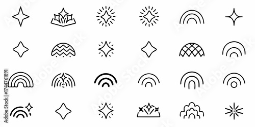Discover a charming collection of hand drawn doodle icons featuring stars, rainbows, and abstract celestial elements perfect for adding a touch of magic and wonder to your creative projects