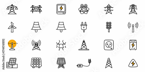 Dynamic collection of energy and technology icons representing power, communication, and renewable resources for modern concepts