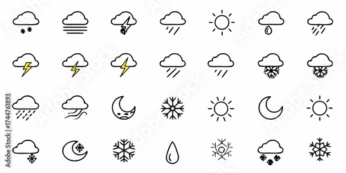 Versatile weather icons collection for dynamic forecasting and climate communication, featuring sun, clouds, rain, snow, lightning, and moon symbols for clear meteorological display.