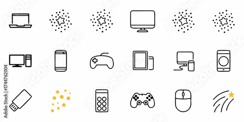 Modern technology icons including laptops computers smartphones tablets game controllers and USB drives for digital innovation presentations and app design