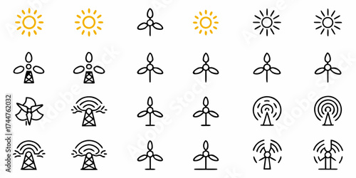 Diverse collection of renewable energy icons featuring sun, wind turbines, and transmission towers, perfect for modern eco-friendly projects and sustainable technology concepts