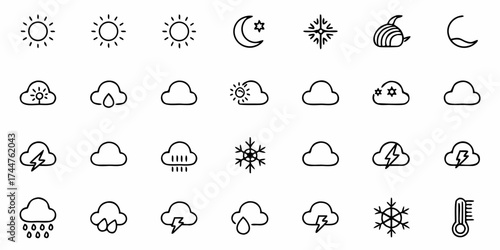 Diverse weather icons including sun, moon, clouds, rain, snow, lightning, and temperature for dynamic meteorology forecasts and climate graphics