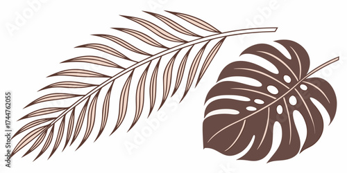 Tropical palm frond and monstera leaf vector illustration in brown tones
