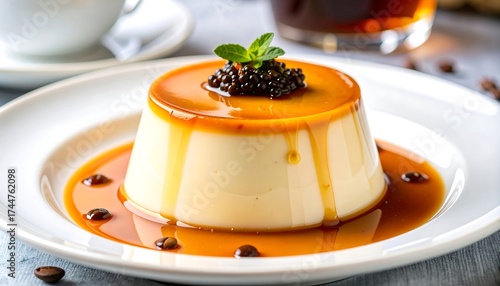 Exquisite Dessert Caramel Flan with Garnished Topping