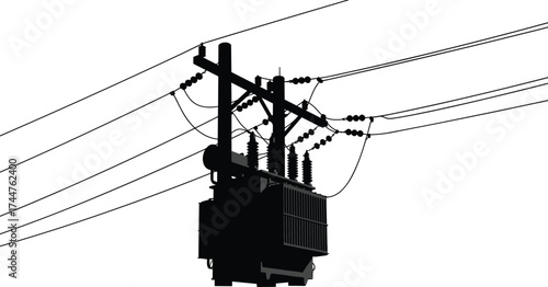 Black silhouette illustration of electrical transformer on power pole with multiple cables and insulators showing energy transmission and distribution system