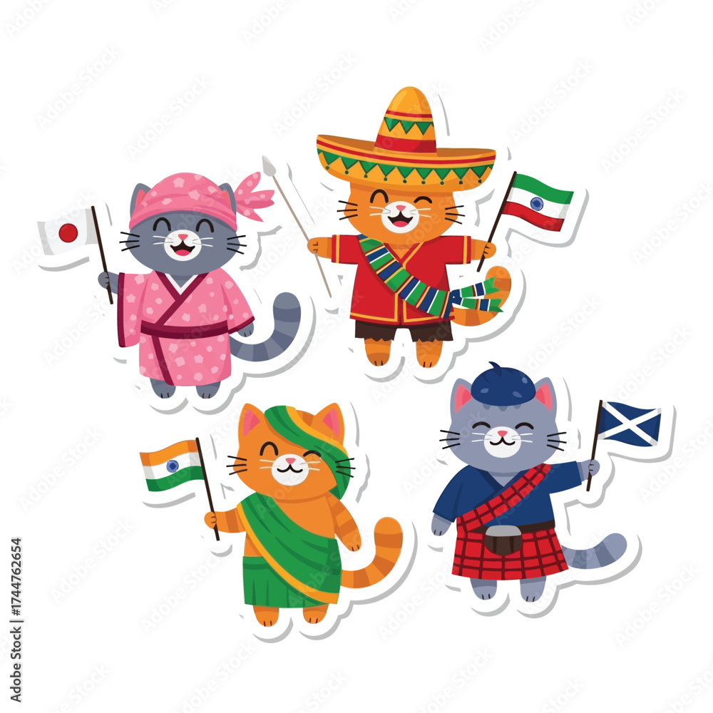Fototapeta premium Cute cartoon cats dressed in traditional international costumes holding national flags from various countries around the world.