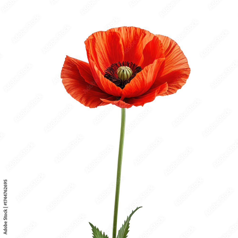 Obraz premium Bright red poppy flower on stem with black center on dark background