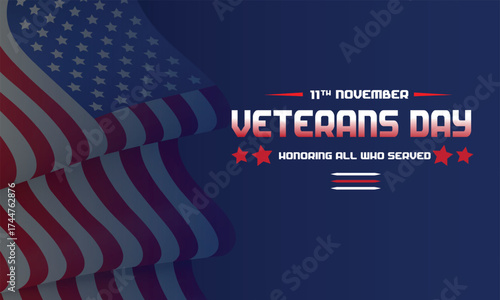 Veterans Day banner with waving American flags and shining stars on dark blue background. Patriotic celebration honoring military heroes and national unity on November 11.
