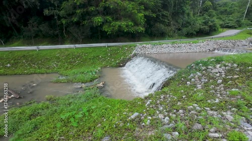 Serene River Waterfall Next to Green Forest Road