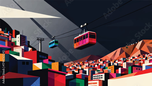 Illustration Of A City In The Andes Mountain Valley With A Colored Cable Car Vector Design Template