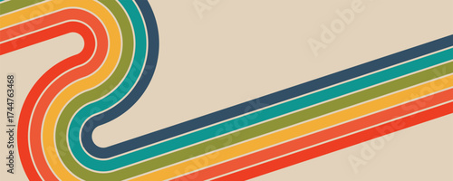 Abstract retro 70s background vector. Colorful vintage 1970 grunge stylish wallpaper with lines, stripes, curve shapes. Illustration design suitable for poster, banner, decorative, Vector