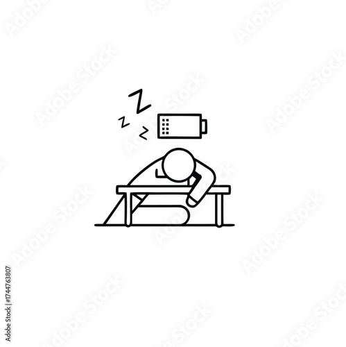 Tired man icon with sleep emotion and low energy battery vector image.Tired person in the workplace, tiredness or burnout icon, low level energy in work battery, exhausted and sleepy man vector icon.
