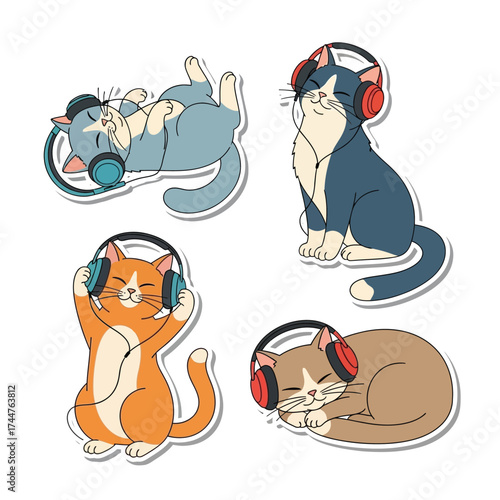 Four cartoon cats enjoying music, each wearing colorful headphones, with joyful expressions.