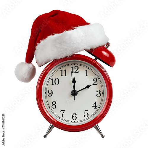 Alarm clock wearing Santa hat isolated transparent PNG