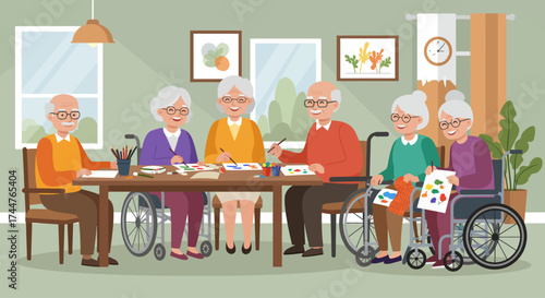 A flat design illustration showing a joyful group of elderly individuals participating in social activities, highlighting the importance of community and social engagement for senior well-being.