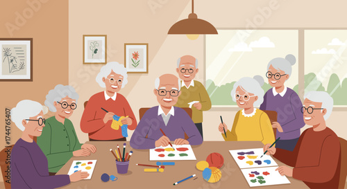 A flat design illustration showing a joyful group of elderly individuals participating in social activities, highlighting the importance of community and social engagement for senior well-being.