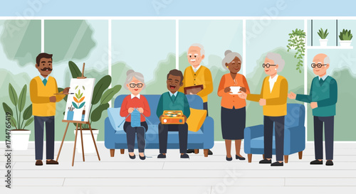 A flat design illustration showing a joyful group of elderly individuals participating in social activities, highlighting the importance of community and social engagement for senior well-being.