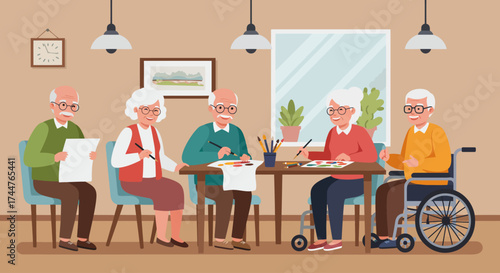 A flat design illustration showing a joyful group of elderly individuals participating in social activities, highlighting the importance of community and social engagement for senior well-being.