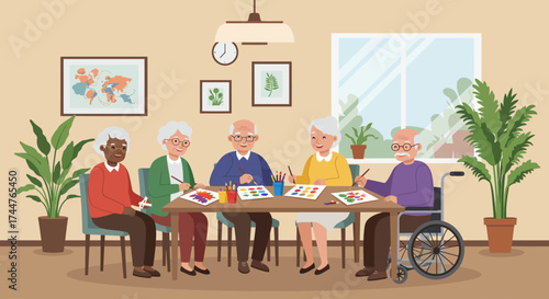 A flat design illustration showing a joyful group of elderly individuals participating in social activities, highlighting the importance of community and social engagement for senior well-being.