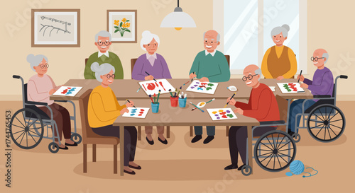 A flat design illustration showing a joyful group of elderly individuals participating in social activities, highlighting the importance of community and social engagement for senior well-being.