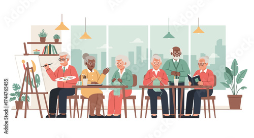 A flat design illustration showing a joyful group of elderly individuals participating in social activities, highlighting the importance of community and social engagement for senior well-being.