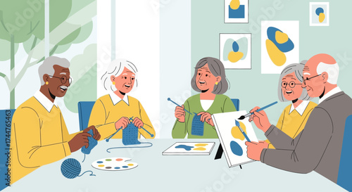 A flat design illustration showing a joyful group of elderly individuals participating in social activities, highlighting the importance of community and social engagement for senior well-being.