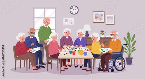 A flat design illustration showing a joyful group of elderly individuals participating in social activities, highlighting the importance of community and social engagement for senior well-being.