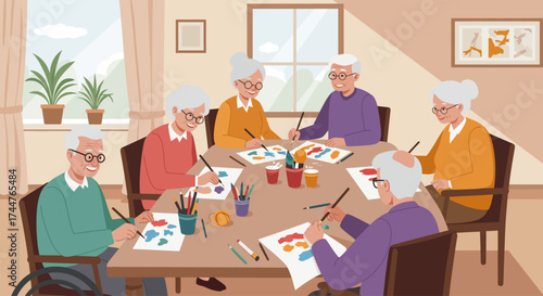 A flat design illustration showing a joyful group of elderly individuals participating in social activities, highlighting the importance of community and social engagement for senior well-being.