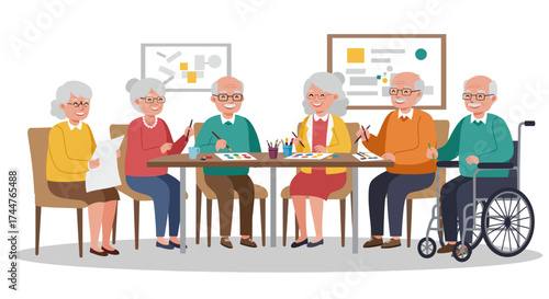 A flat design illustration showing a joyful group of elderly individuals participating in social activities, highlighting the importance of community and social engagement for senior well-being.