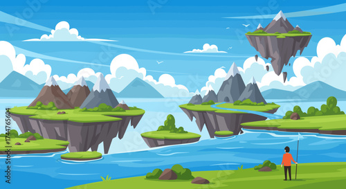 A serene landscape showcasing floating islands with snow capped mountains above a tranquil blue lake.