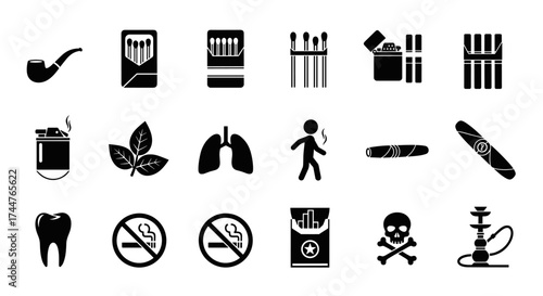 Collection of icons representing tobacco use and its health consequences.