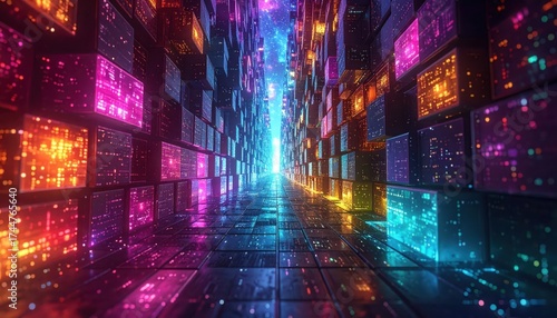 Fototapeta Naklejka Na Ścianę i Meble -  Vibrant, glowing, geometric structures create a futuristic tunnel effect with colorful lights in a digital, data-driven environment, showcasing illuminated pathways and dynamic energy through an...