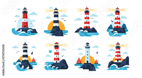 A collection of beautiful lighthouses standing tall on rocky shores guiding ships safely home.